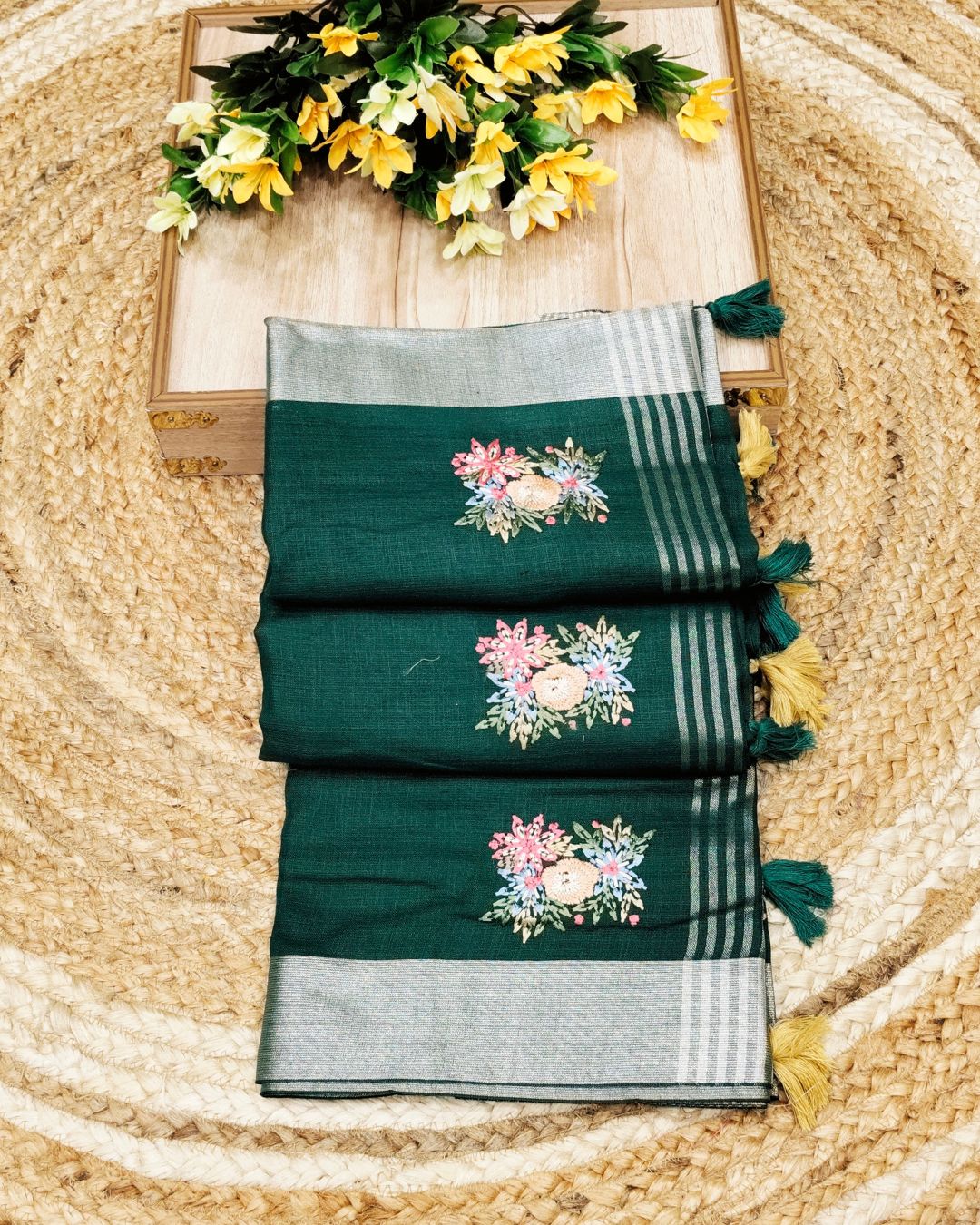 Rama Green Colour Jute Cotton Saree