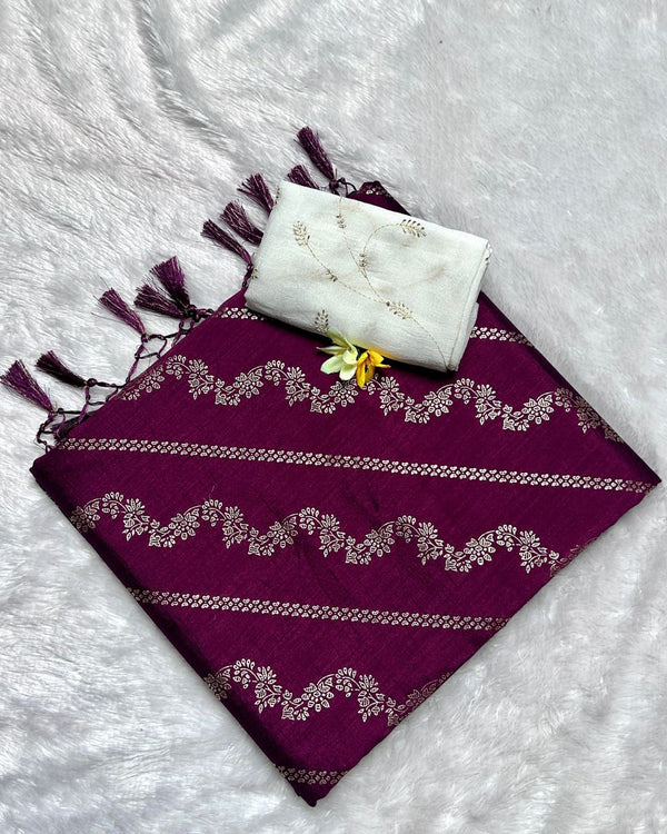 Wine Colour Vichitra Silk Foil Print with Contrast Blouse Piece