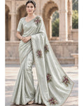 Olive Green Colour Organza Saree with Floral Applique work