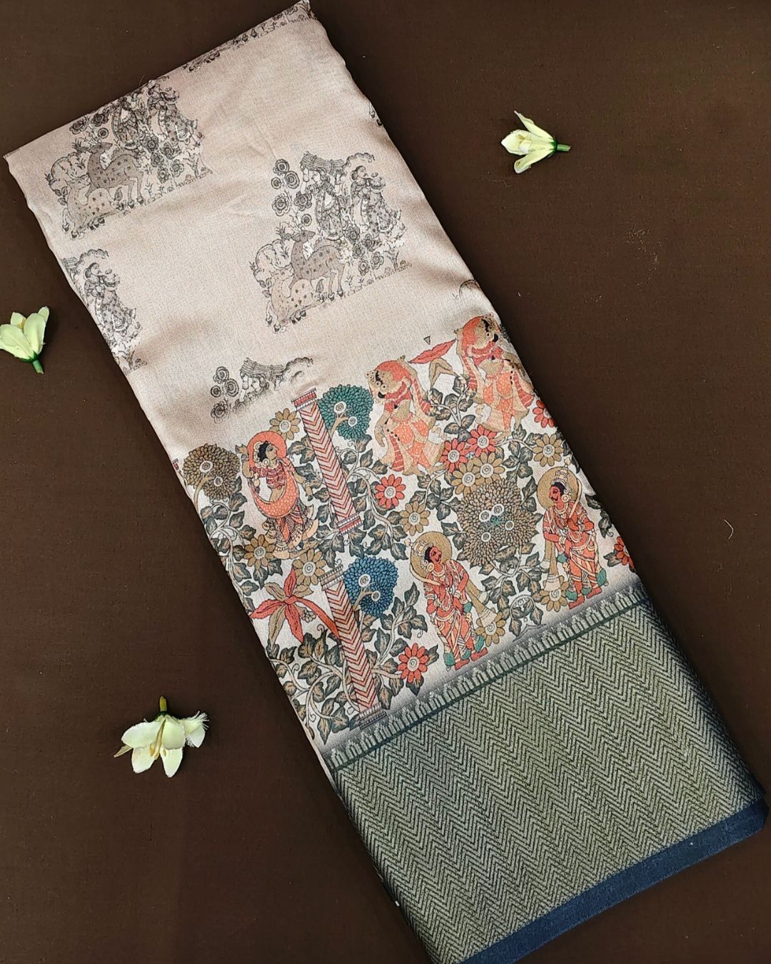 Grey Colour Tussar Silk Printed Saree