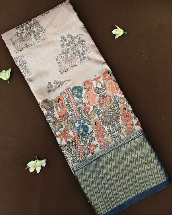 Grey Colour Tussar Silk Printed Saree