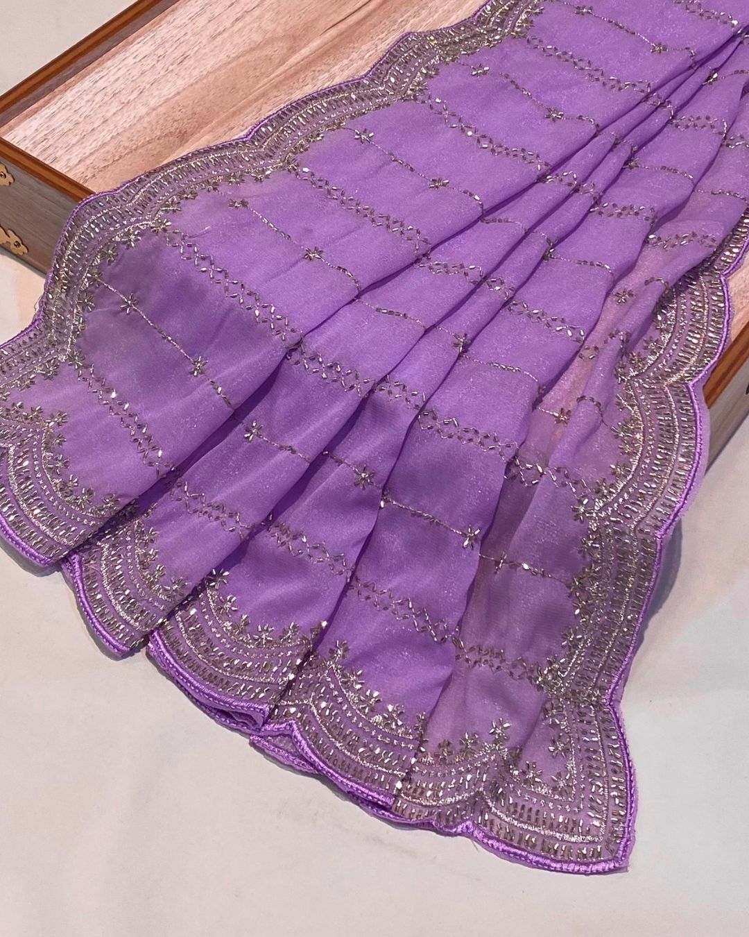 Lavender Colour Shimmer Georgette Saree with Bead Work