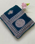 Petrol Blue Colour Vichitra Silk Wok Saree