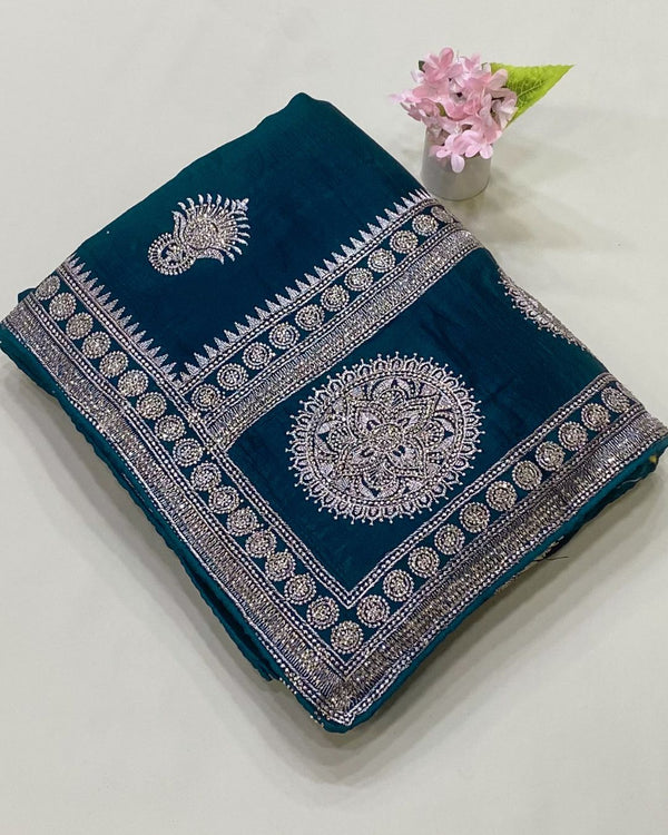 Petrol Blue Colour Vichitra Silk Wok Saree
