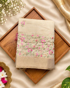Golden Beige Tissue Cotton Saree with Elegant Pink Floral Thread Embroidery