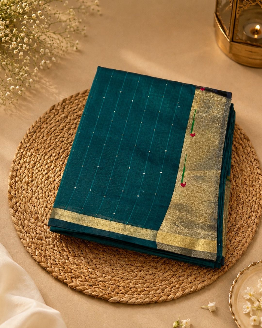 Rama Green Colour Cotton Jamdani Saree with Sequin Work