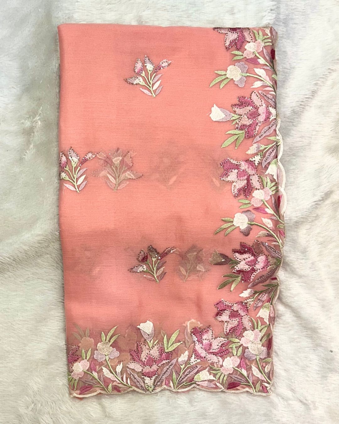Peach Colour Crunchy Silk Thread Work Saree