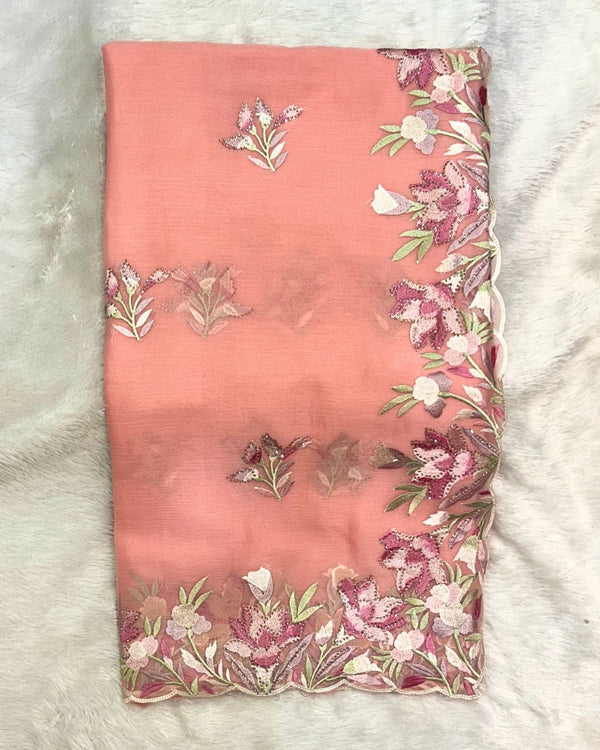 Peach Colour Crunchy Silk Thread Work Saree
