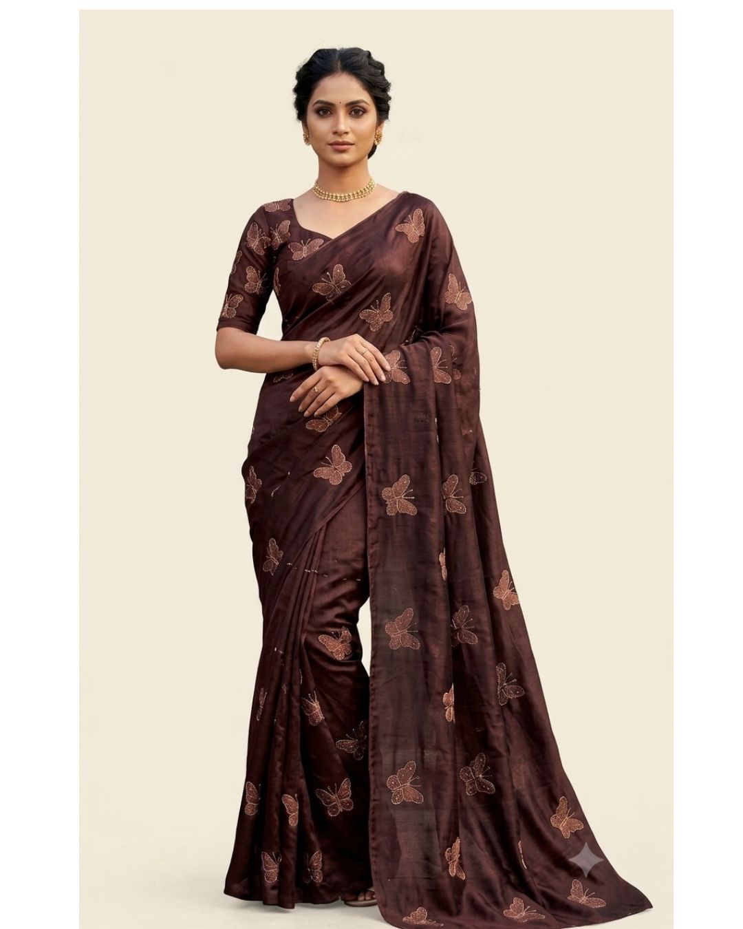 Butterfly Design Beads Work Rangoli Silk Brown Saree