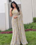 Light Beige Colour Floral Embroidered Designer Saree
