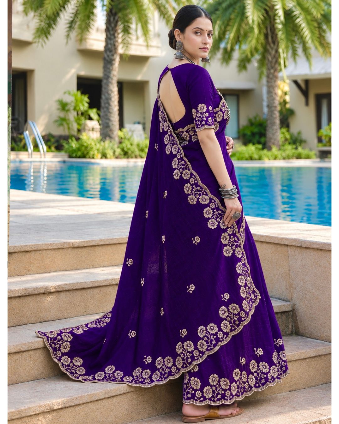 Purple Colour Vichitra Silk Cut Wok Border Saree