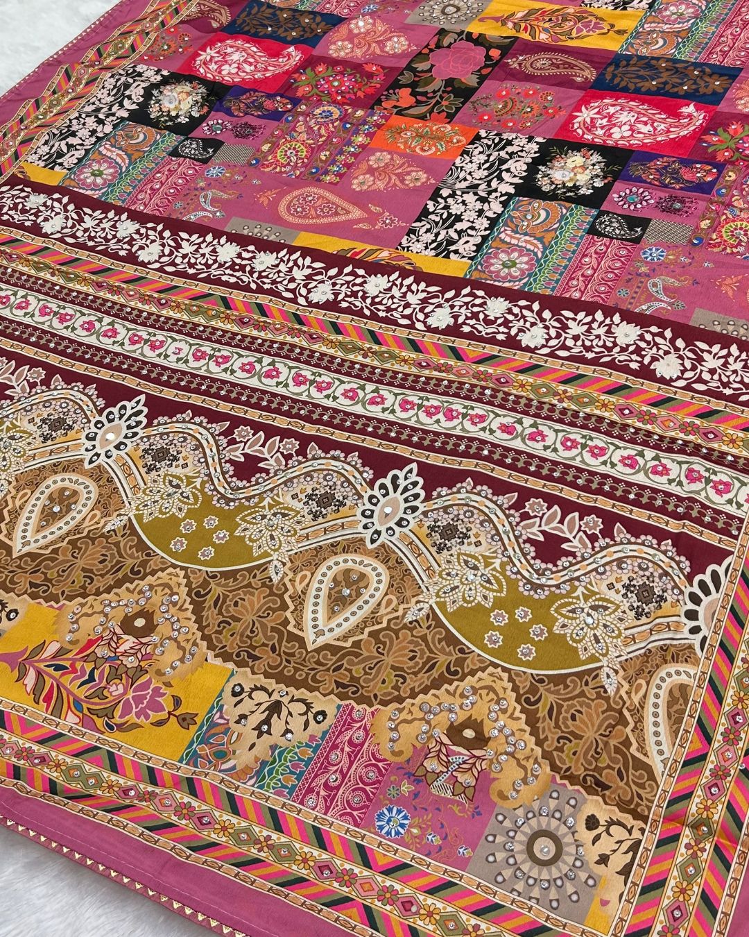 Peach Colour Digital Patchwork Printed Saree