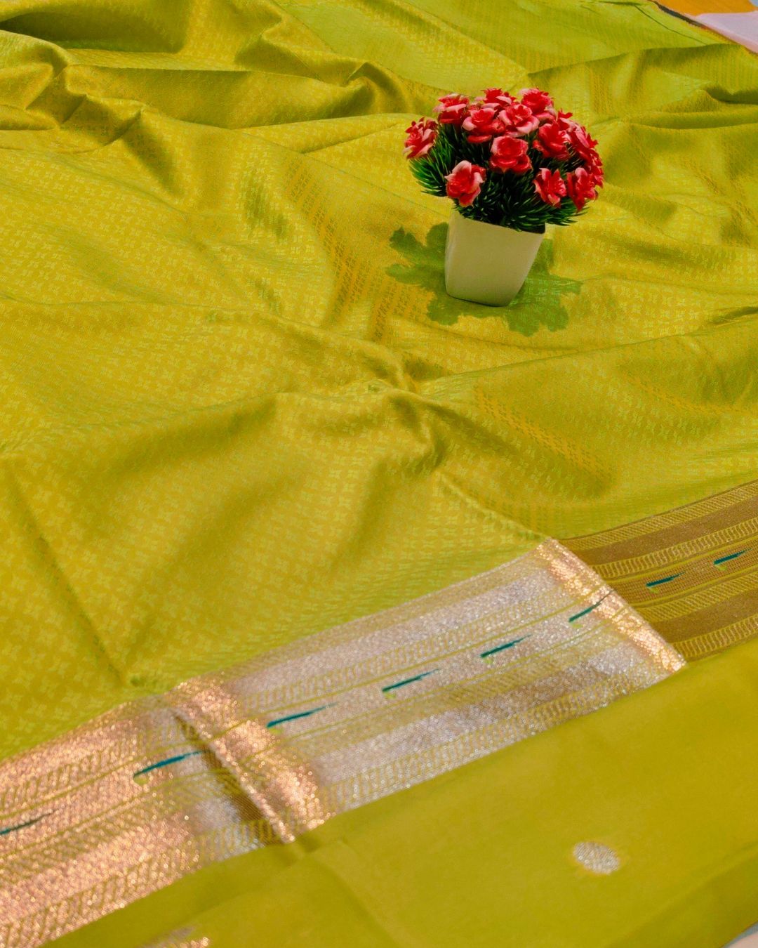 Parrot Green Colour Silk Paithani Saree