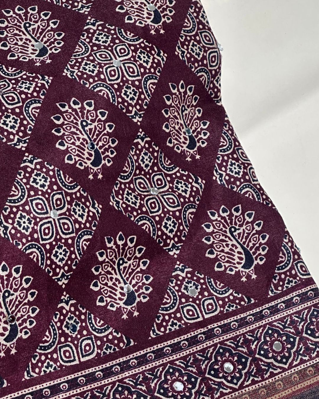 Magenta  Colour Ajrakh Print Mirror work Saree