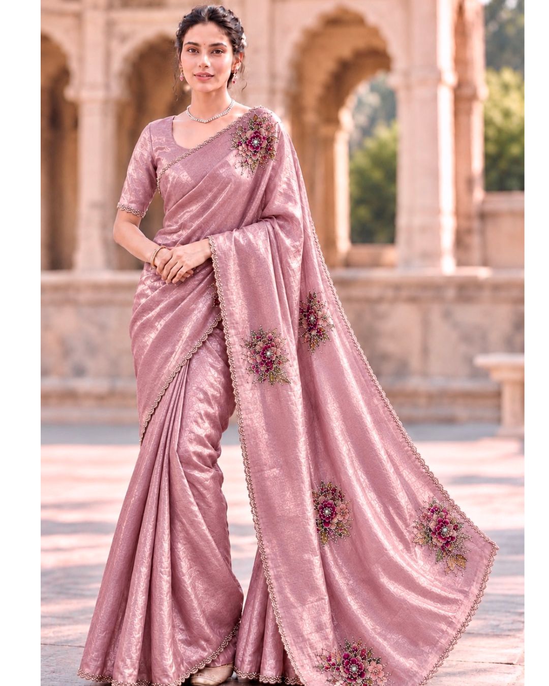 Dusty Rose Pink Colour Organza Saree with Floral Applique work