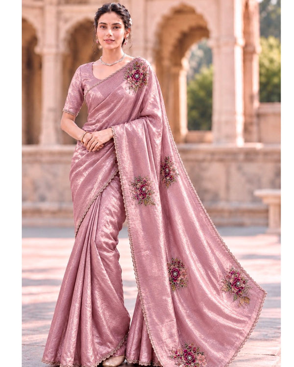 Dusty Rose Pink Colour Organza Saree with Floral Applique work