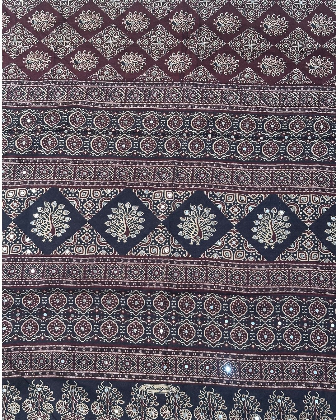 Magenta  Colour Ajrakh Print Mirror work Saree
