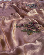 Dusty Rose Pink Colour Organza Saree with Floral Applique work