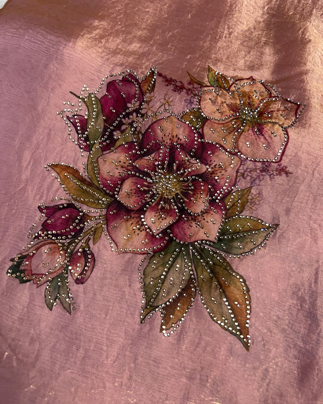 Dusty Rose Pink Colour Organza Saree with Floral Applique work