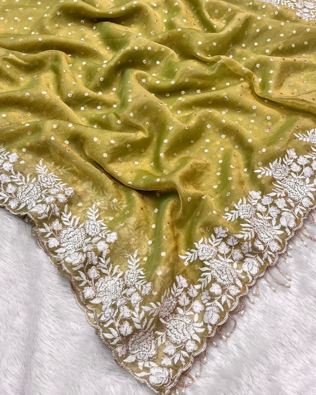 Olive Green Colour Shimmer Fandy Saree