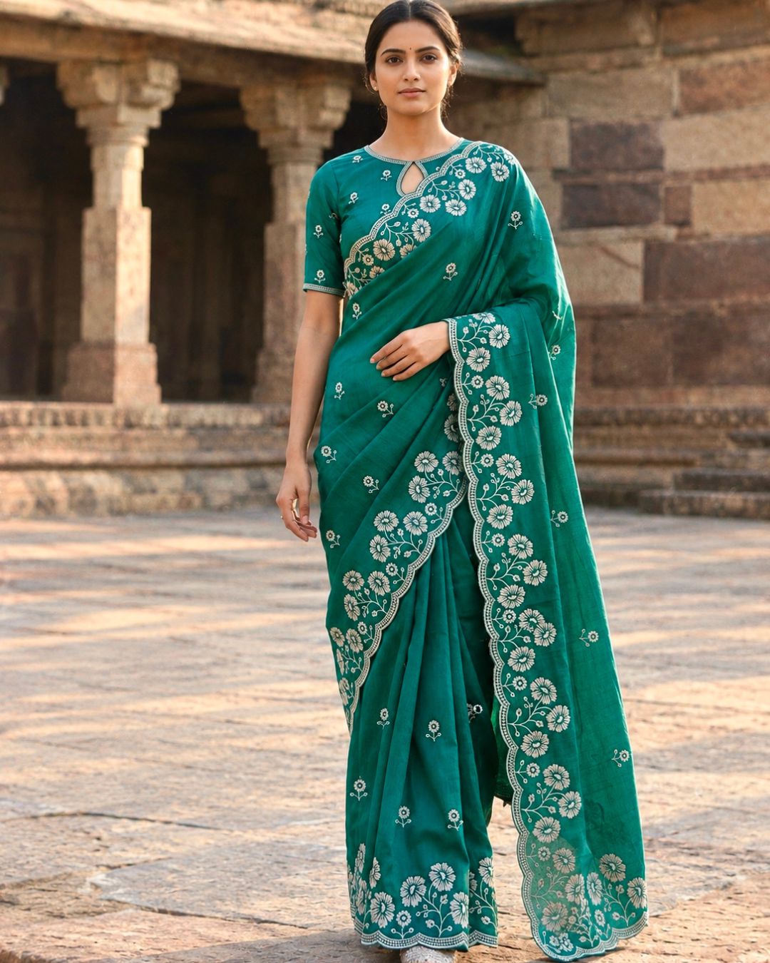 Emerald Green Colour Vichitra Silk Cut Wok Border Saree