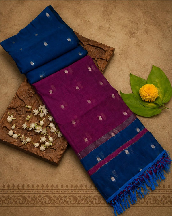 Teal Blue Colour Maheshwari Cotton Saree with Contrast Pallu & Blouse