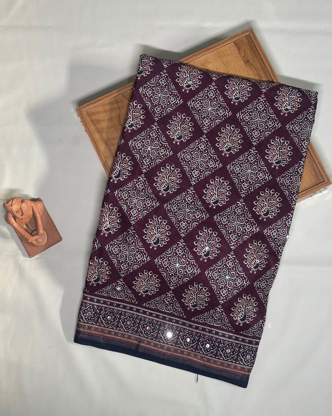 Magenta  Colour Ajrakh Print Mirror work Saree