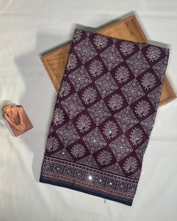 Magenta  Colour Ajrakh Print Mirror work Saree