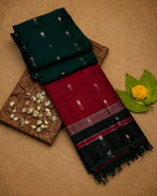 Bottle Green Colour Maheshwari Cotton Saree with Contrast Pallu & Blouse
