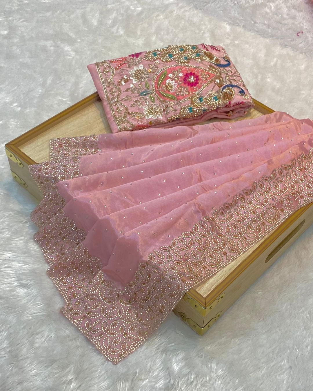 Pink Colour Chinnon Silk Saree With Heavy work Blouse Piece