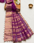 Magenta Colour Designer Organza Silk Saree with Bead Tassels & Gungroo