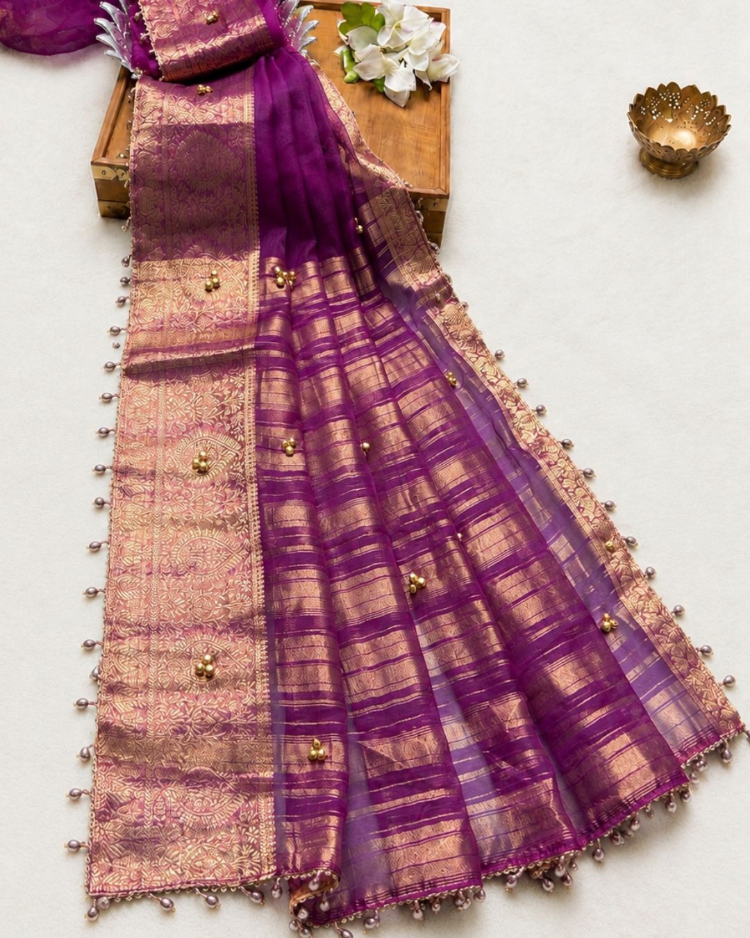 Magenta Colour Designer Organza Silk Saree with Bead Tassels & Gungroo