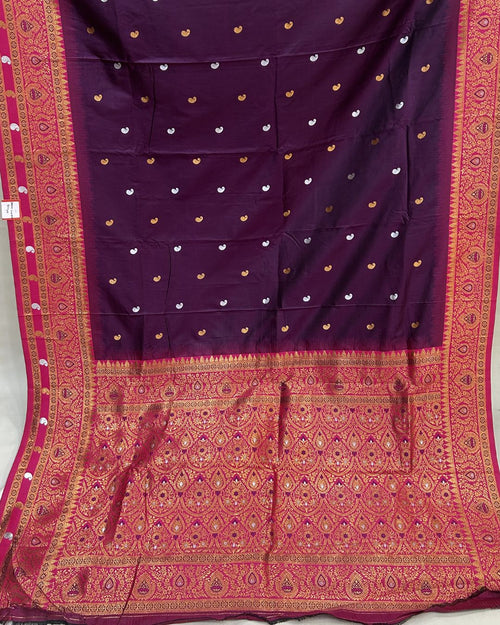 Brinjal Colour Silk Paithani Saree with Contrast Blouse