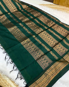Dusty Parrot Green Colour Gadwal Cotton Silk Saree