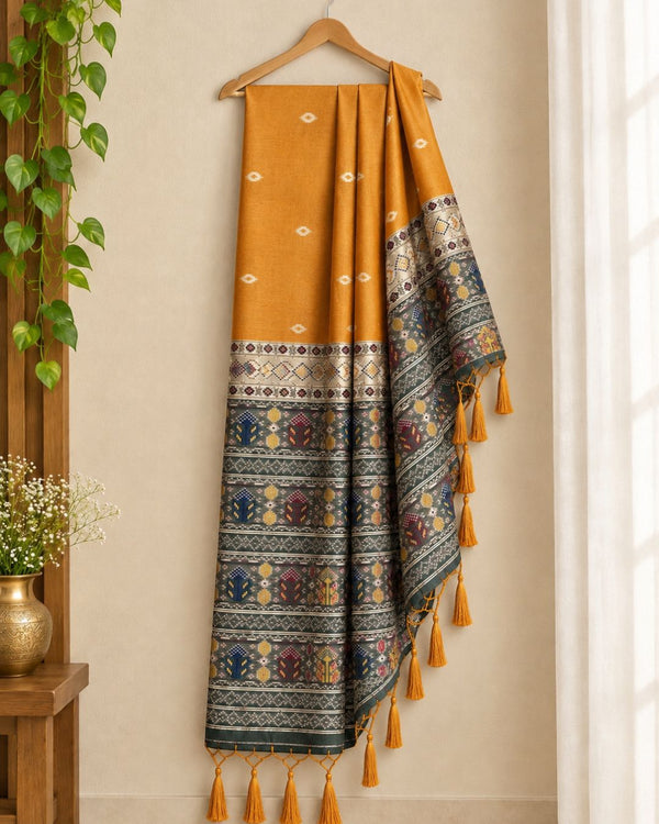 Mustard Yellow Colour Cotton Jamdani Saree with Patola Print rich Pallu