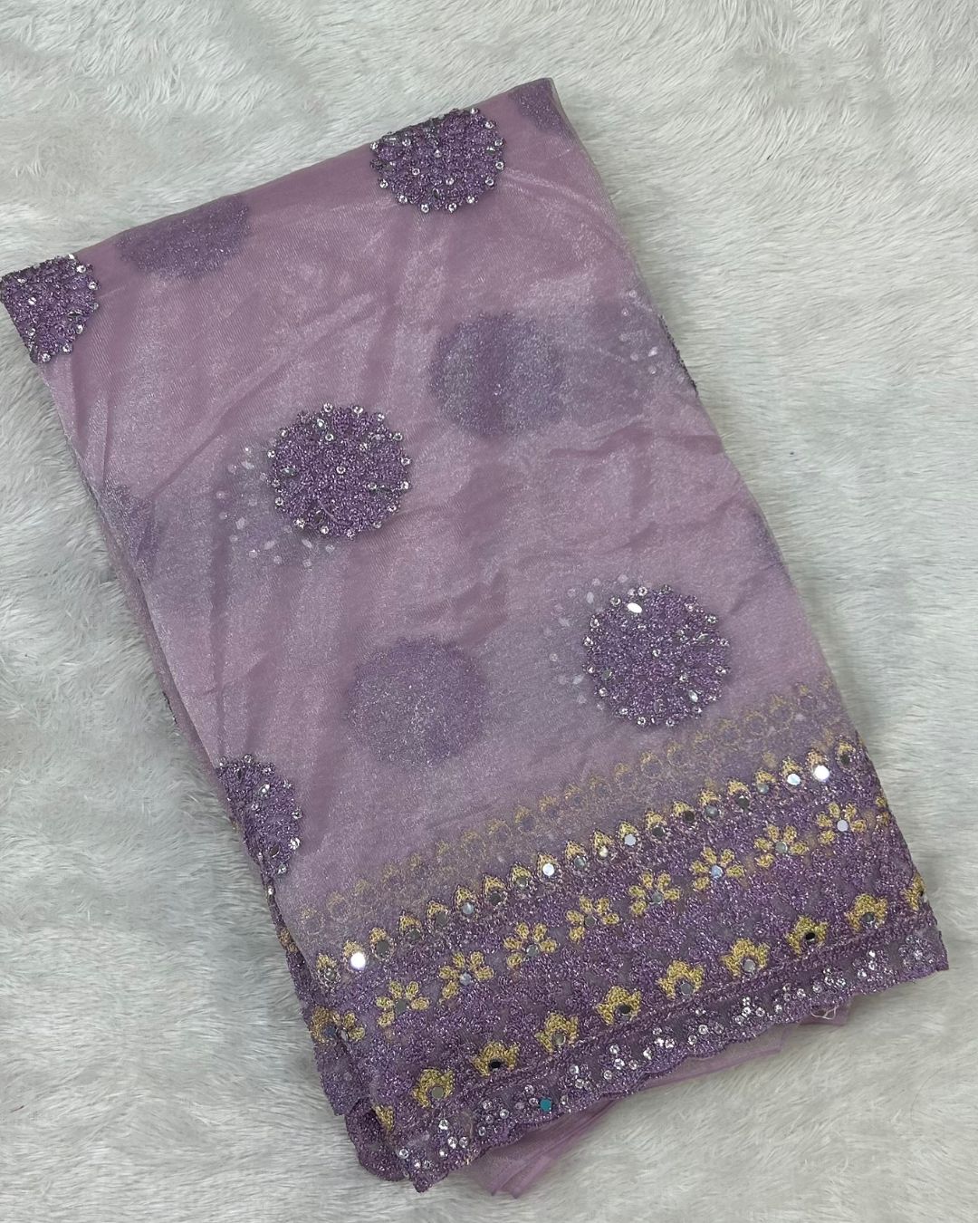 Lavender Colour Twill Net Mirror Work Saree