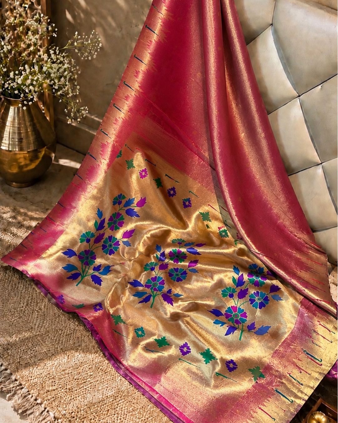 Vibrant Pink Colour Shimmer Bamboo Tissue Silk Saree