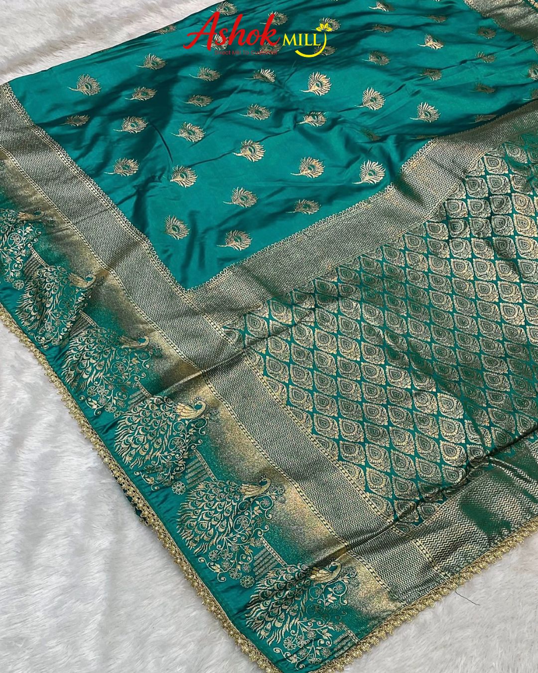 Rama Green Colour Soft Satin Silk Saree With Moti Border