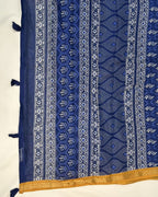 Blue Colour Mal Cotton Indigo Printed Saree with Contrast Border