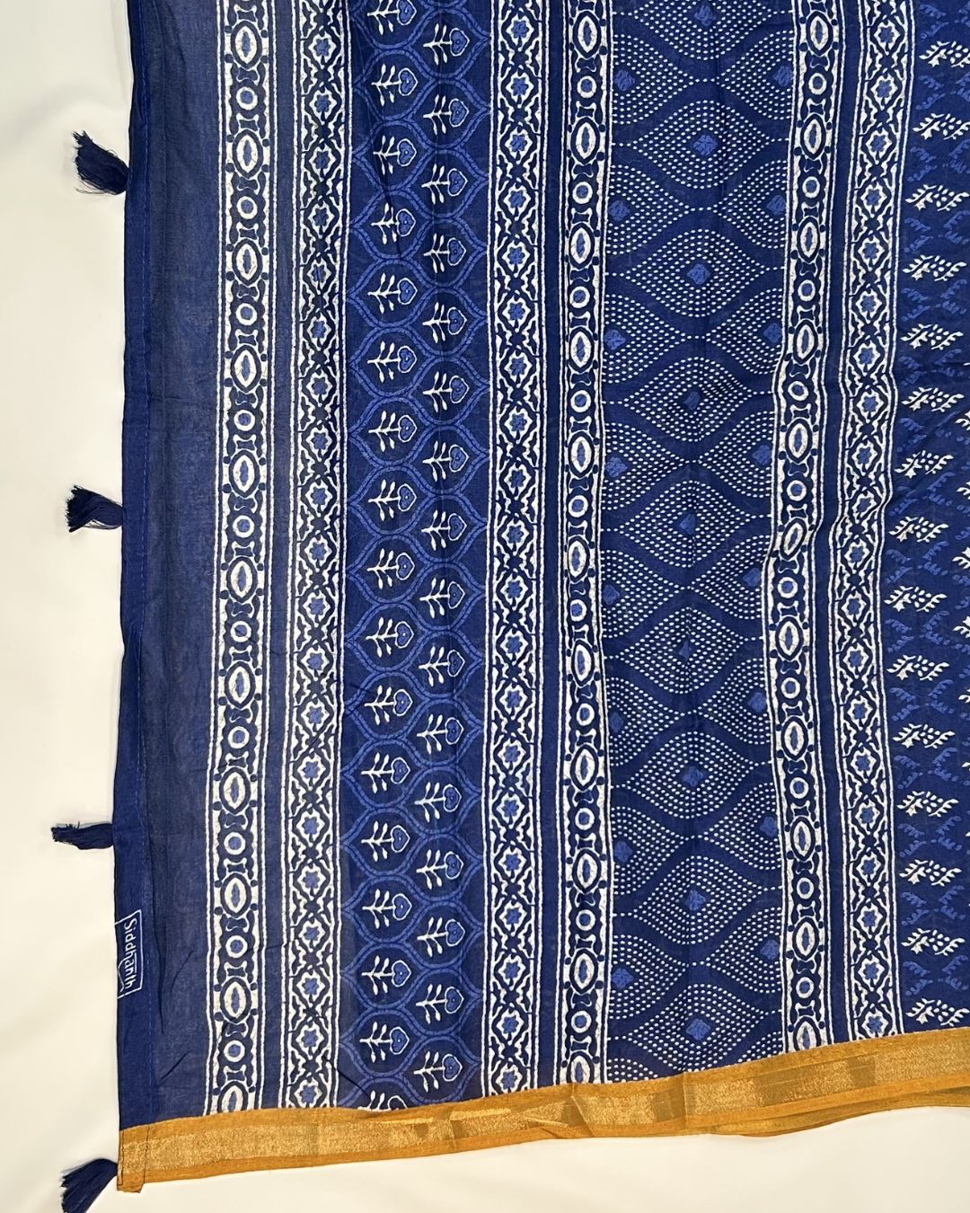 Blue Colour Mal Cotton Indigo Printed Saree with Contrast Border
