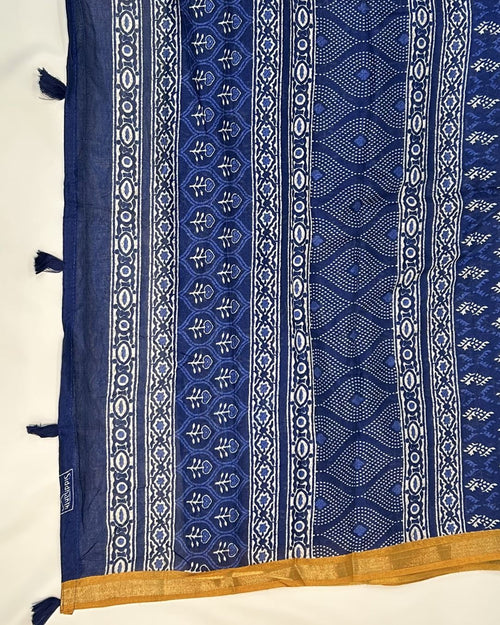 Blue Colour Mal Cotton Indigo Printed Saree with Contrast Border