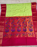 Light Parrot Green Colour Peacock Paithani with Contrast  Blouse