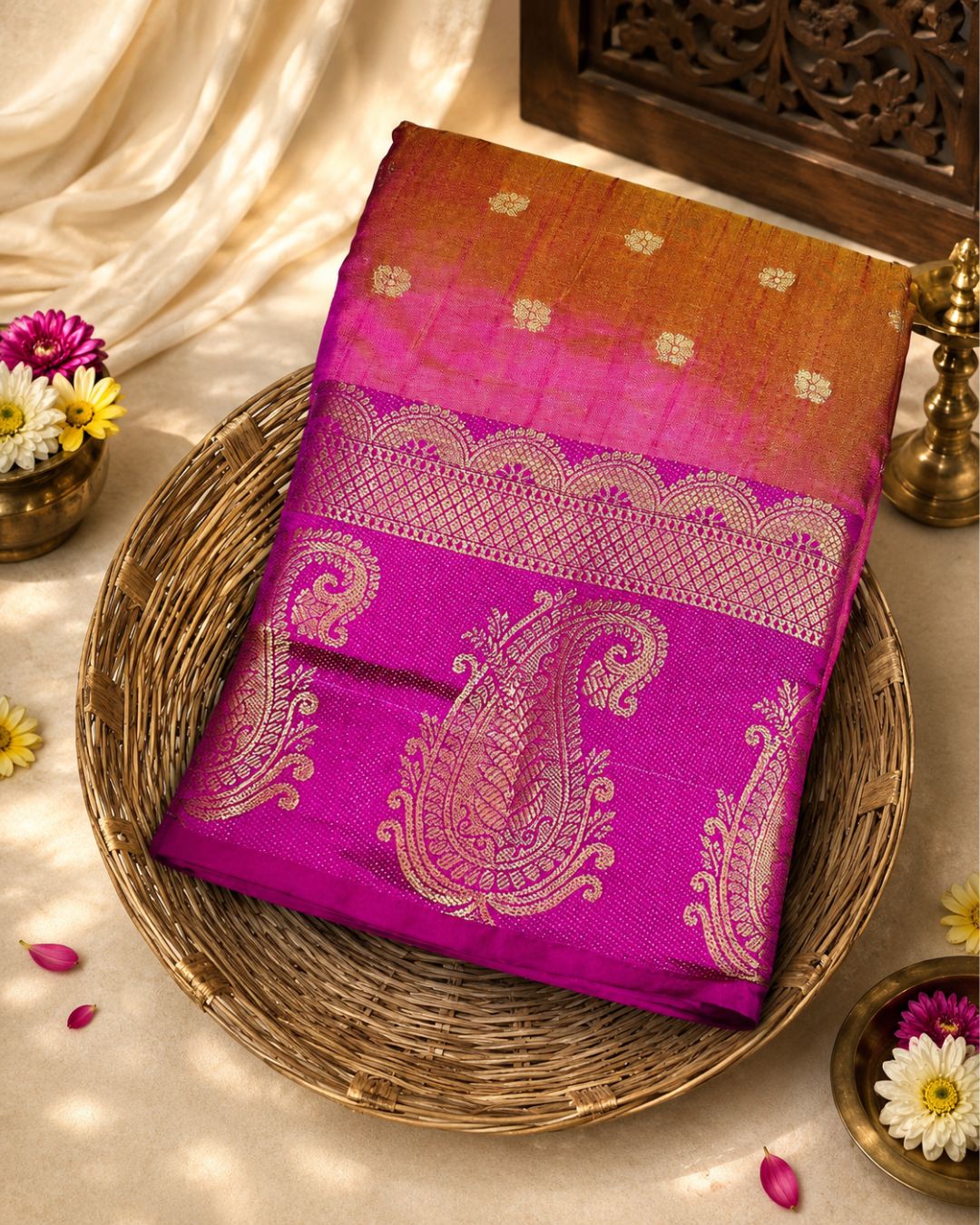 Pinkish Orange Colour Semi Silk Dual Shine Zari Saree