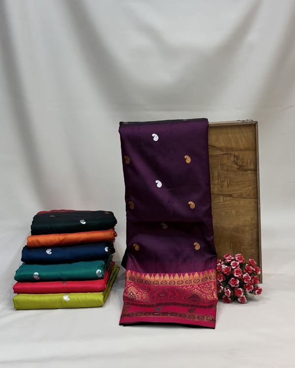 Brinjal Colour Silk Paithani Saree with Contrast Blouse