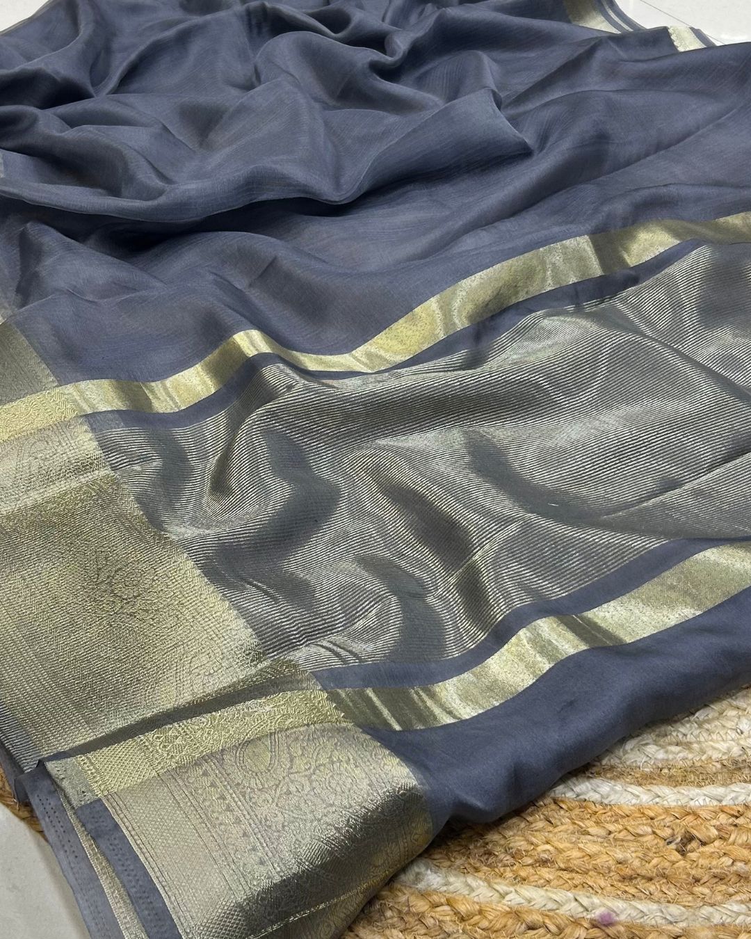 Grey Colour Organza Zari Border Saree