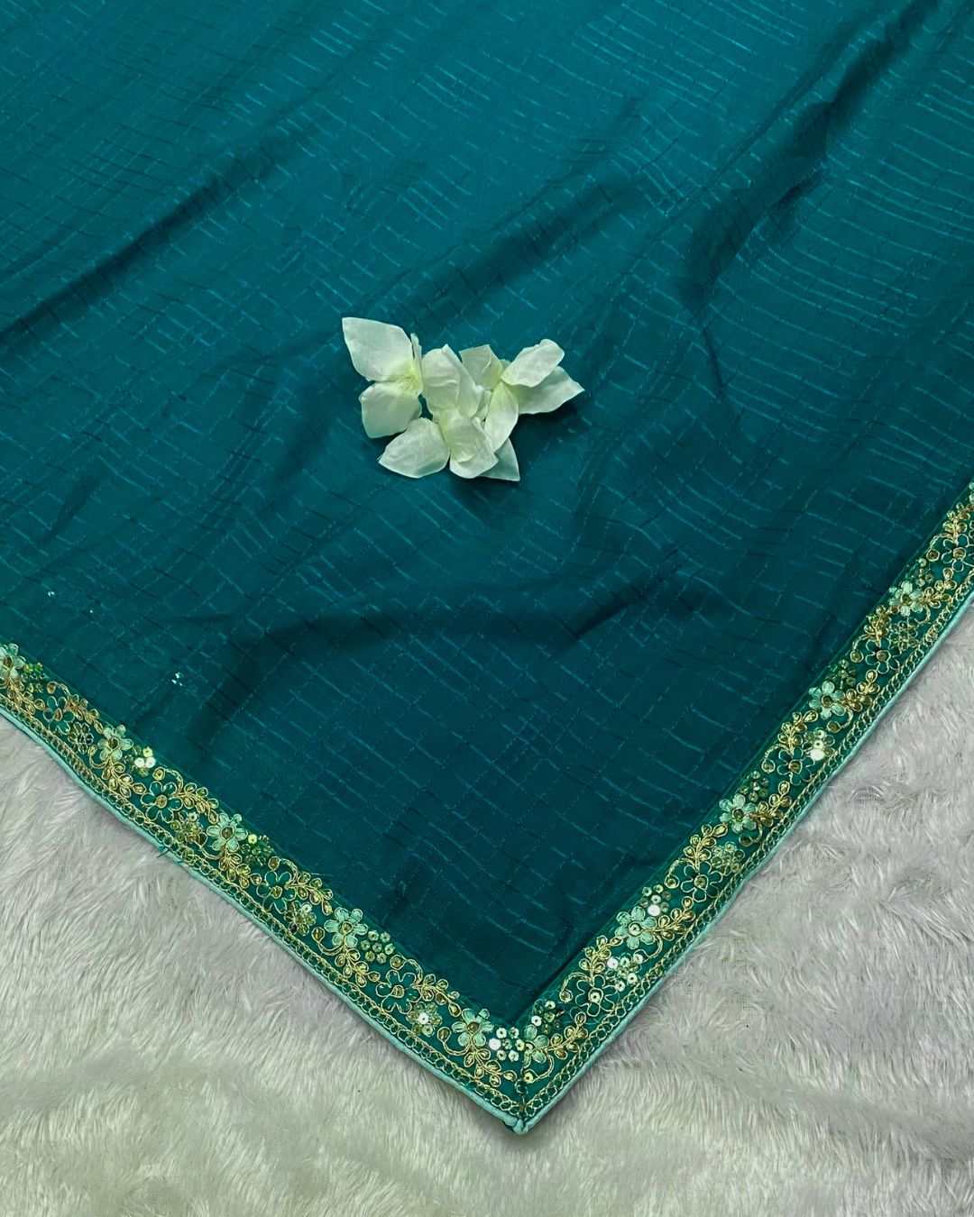 Rama Blue Colour Chiffon Saree With Contrast Blouse