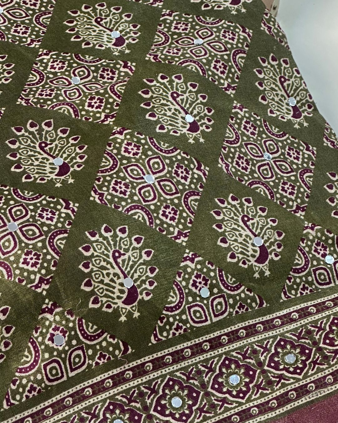 Mehendi Green Colour Ajrakh Print Mirror work Saree
