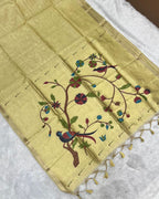 Cream Beige Gold Colour  Thread work Cotton Saree