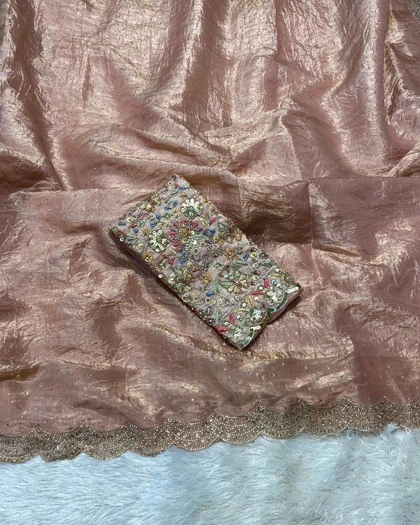 Rose Gold Colour Gold Crush Saree With Heavy work Blouse Piece