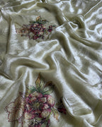 Olive Green Colour Organza Saree with Floral Applique work
